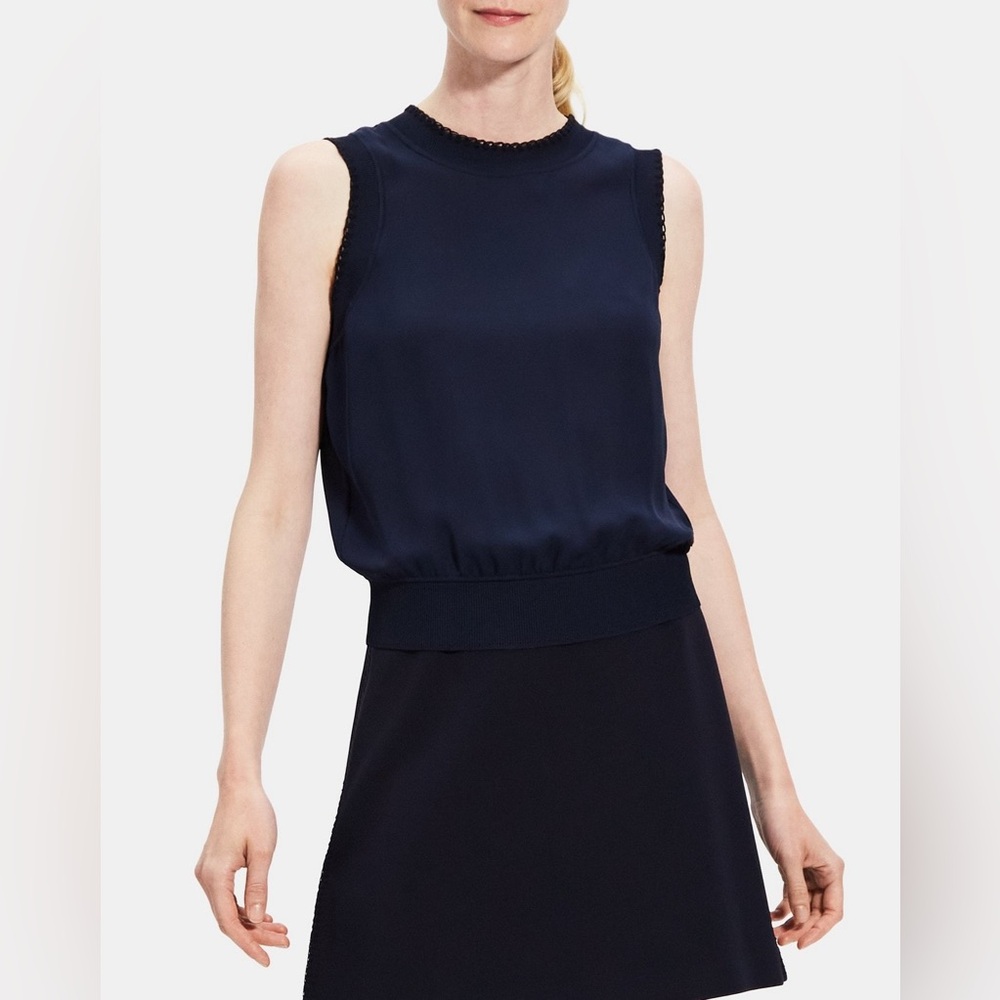 NWT Theory Blanket-Stitch Silk Georgette Shell Top Blue Size M